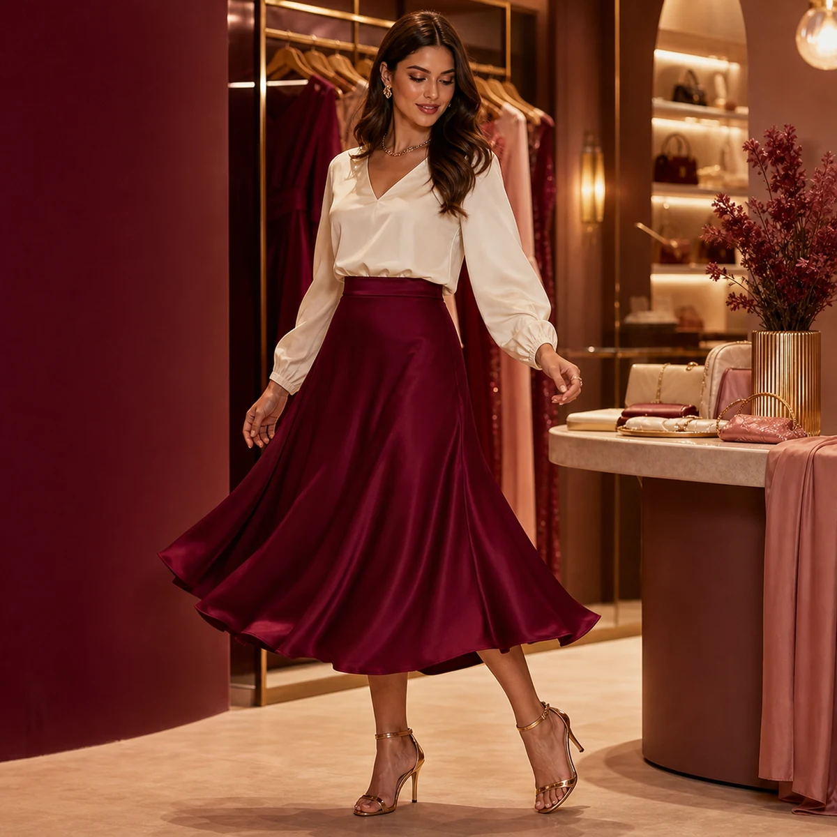 Saia Midi Acetinada — Vinho